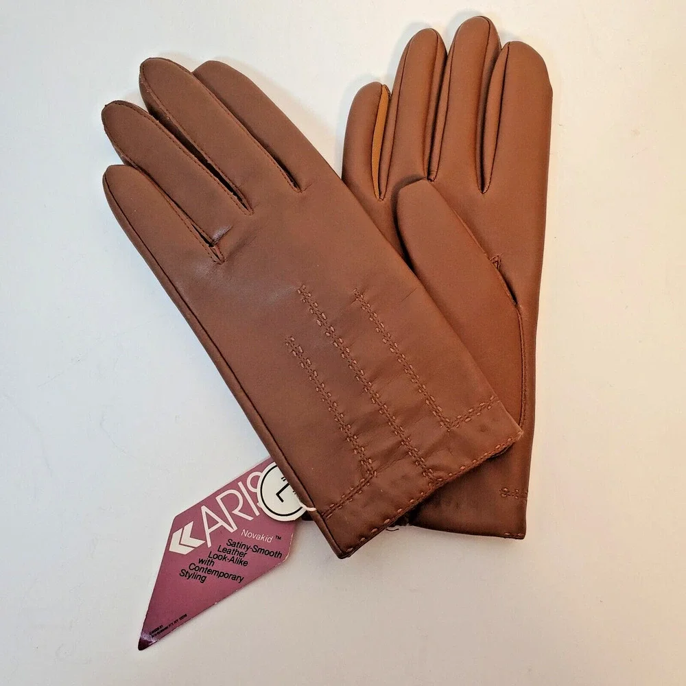 VTG Aris NovaKid Womens Camel Brown Faux Leather Driving Gloves SZ L Lined